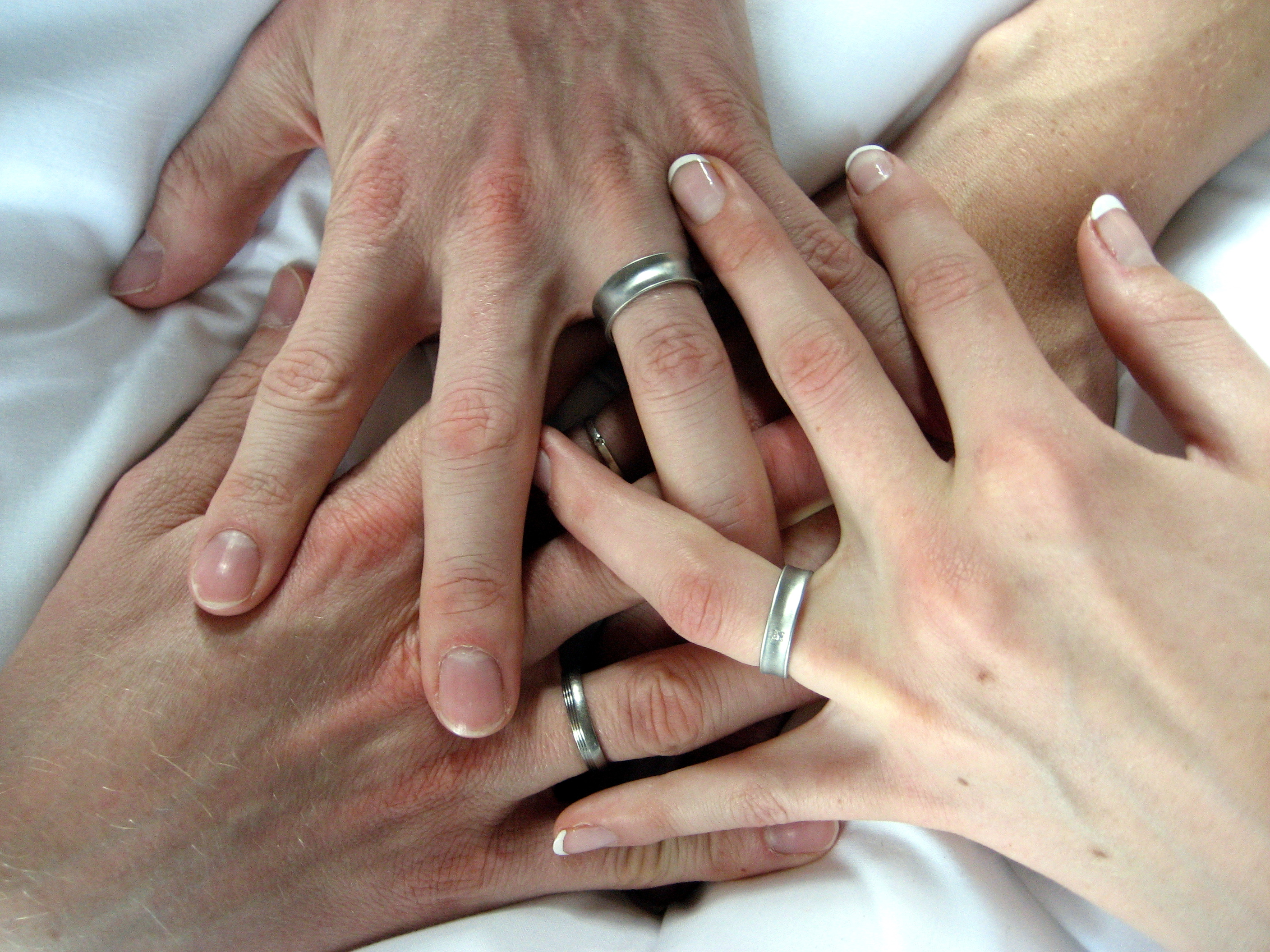 A married couple's hands with wedding bands